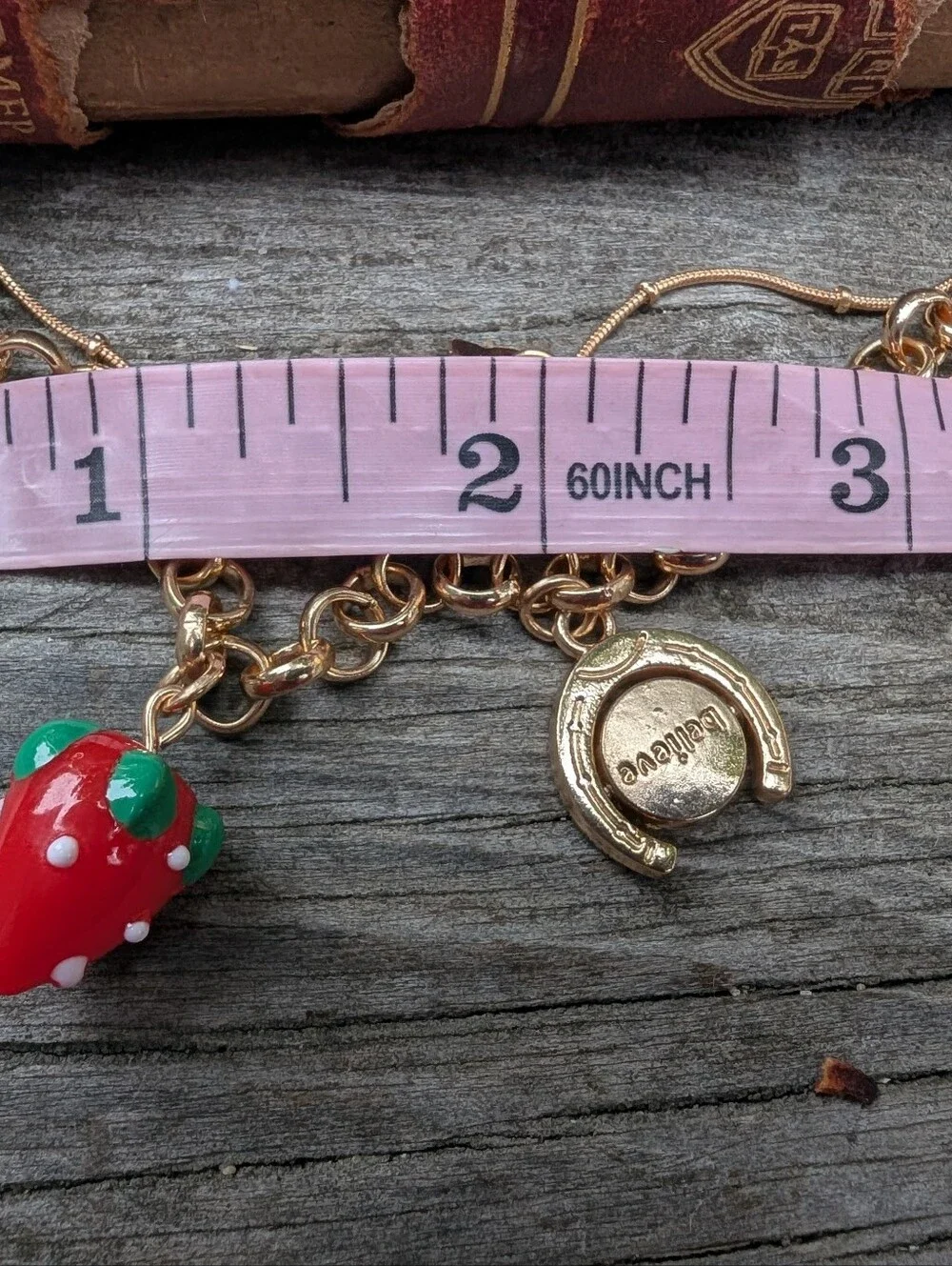 Gold-Tone Charm Necklace with Red Strawberry and Glass Heart